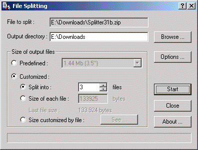 Screenshot of the file splitting utility